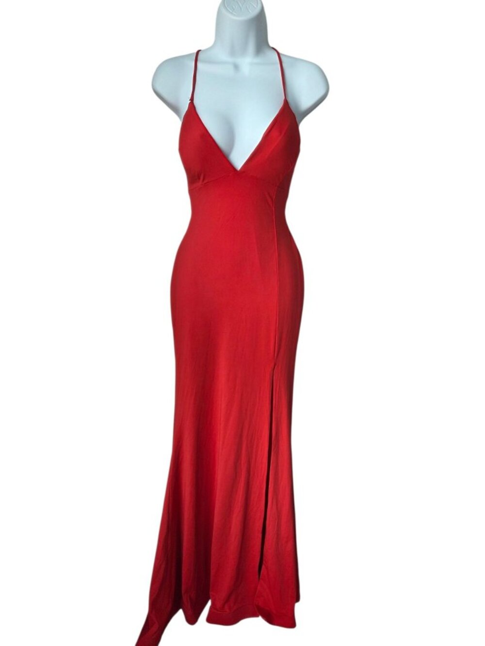 Lulus Ronelle Red Slinky Lace-Up Maxi Dress Medium FLAWED
